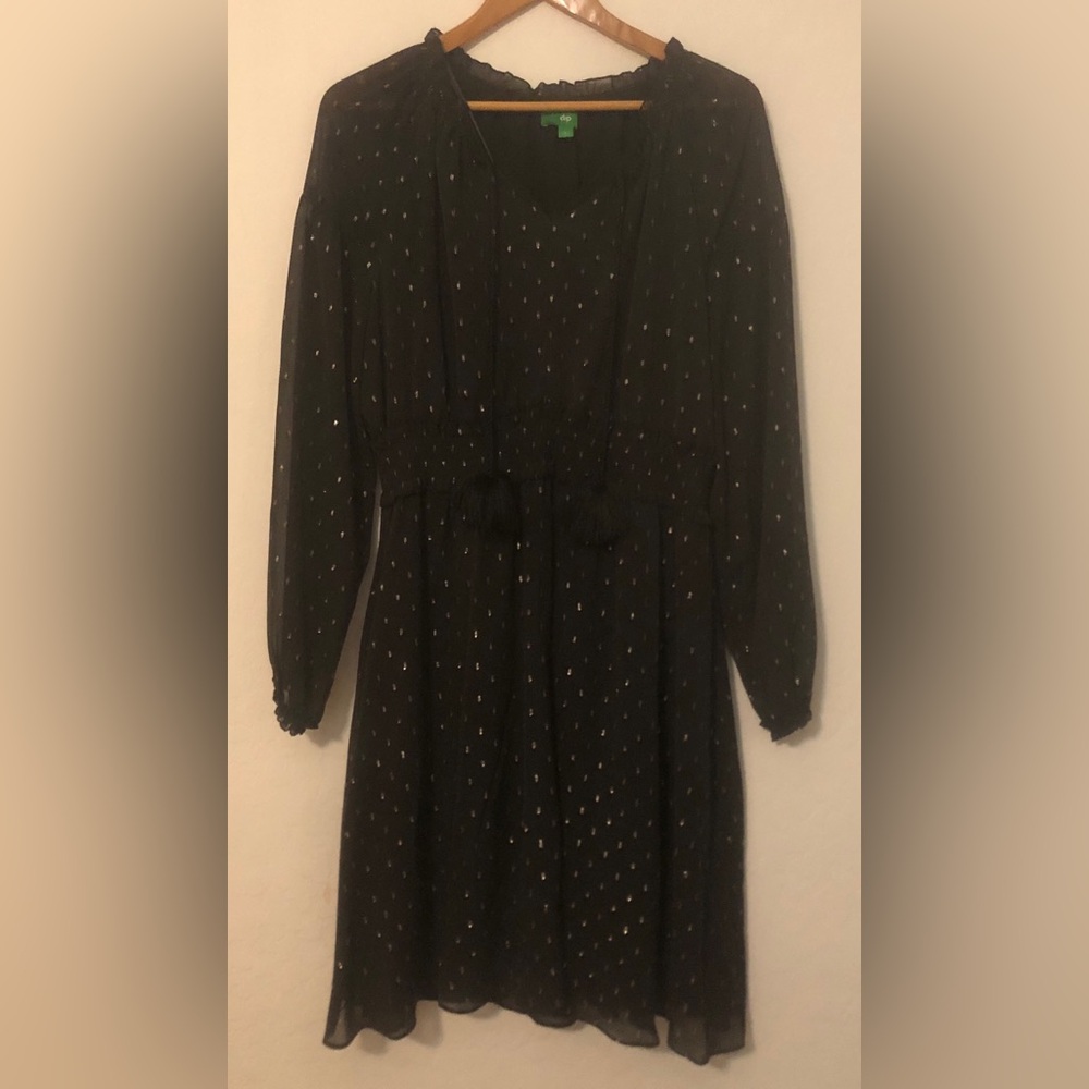 dip Black Long Sleeve Dress with Gold Accents